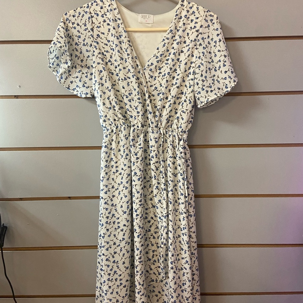 Floral White and Blue Dress